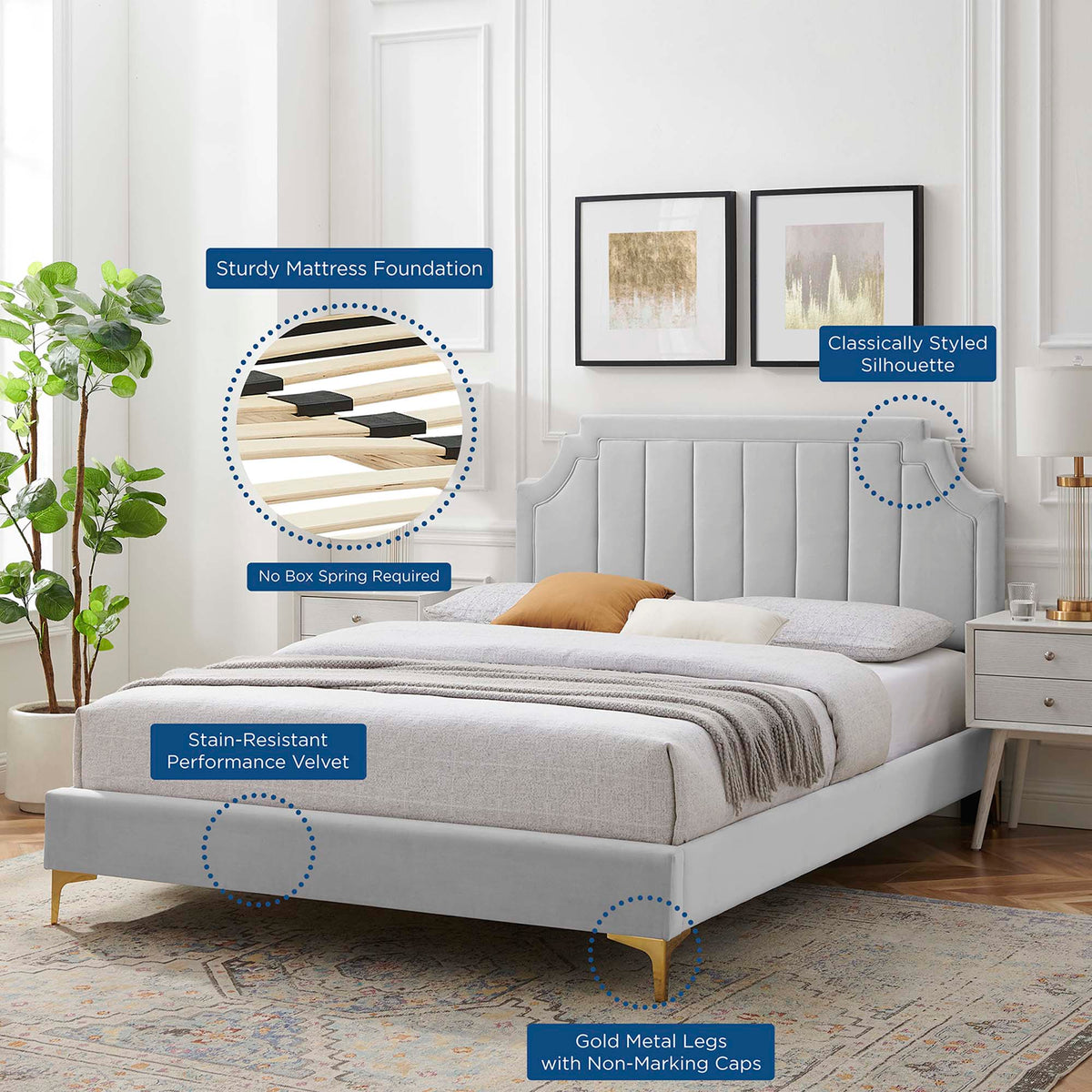 Sienna Performance Velvet Platform Bed With Gold Metal Legs - view 42