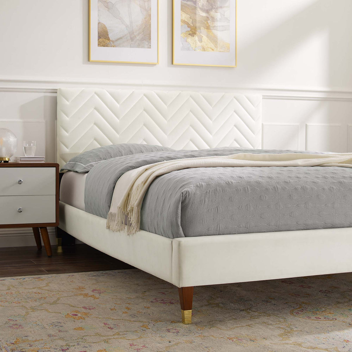 Leah Chevron Tufted Performance Velvet Platform Bed With Wood and Gold Legs - view 13