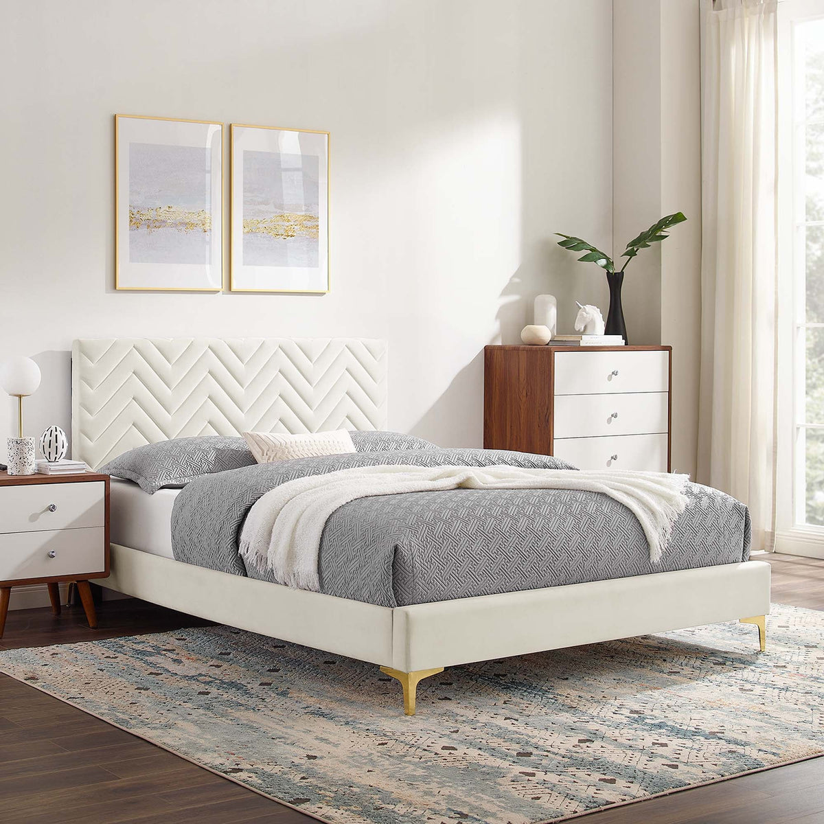 Leah Chevron Tufted Performance Velvet Platform Bed With Gold Metal Legs - view 22