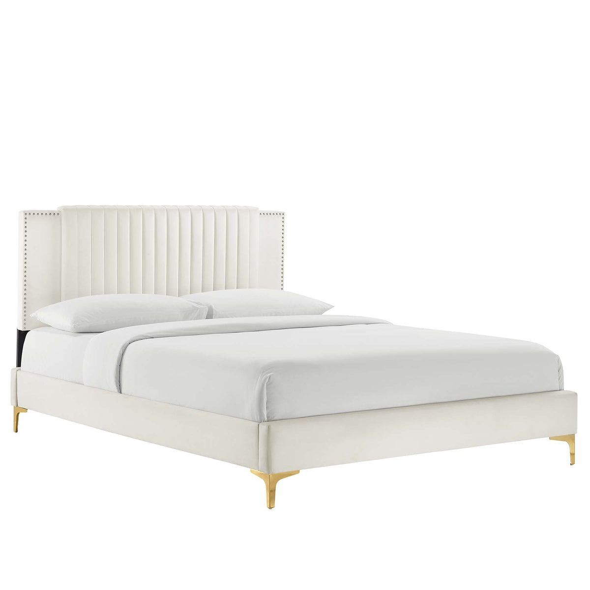 Zahra Channel Tufted Performance Velvet Platform Bed With Gold Metal Legs