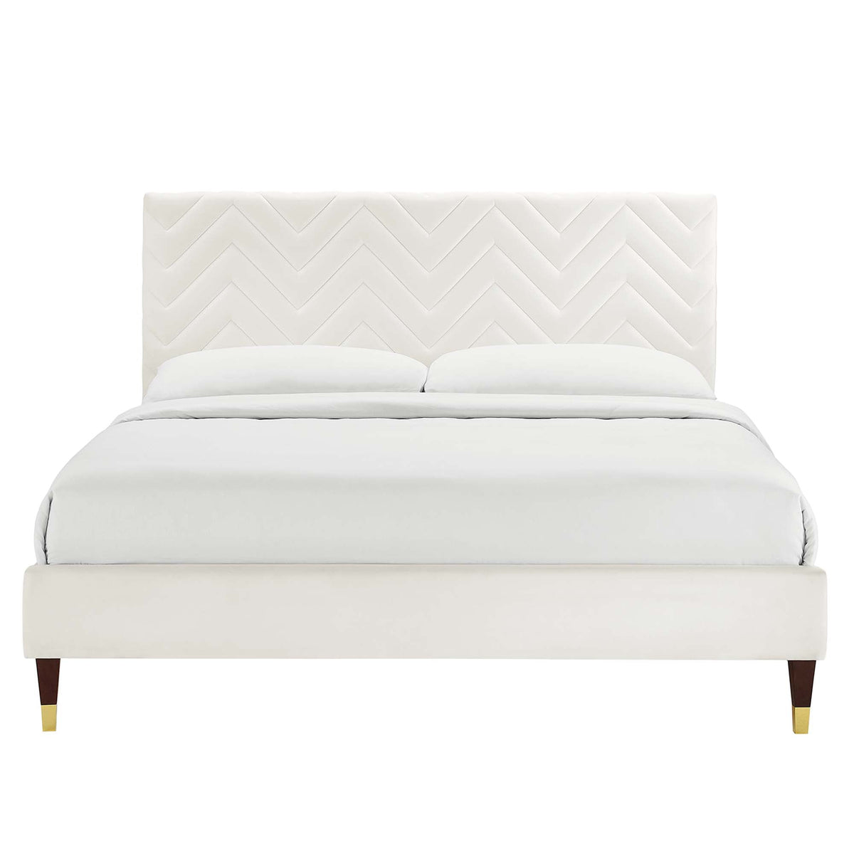 Leah Chevron Tufted Performance Velvet Platform Bed With Wood and Gold Legs - view 6
