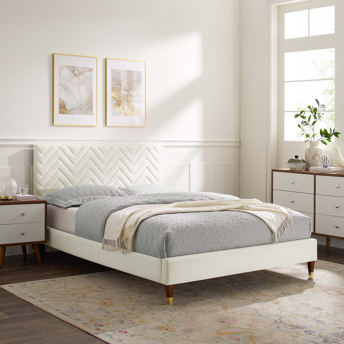 Leah Chevron Tufted Performance Velvet Platform Bed With Wood and Gold Legs - view 16