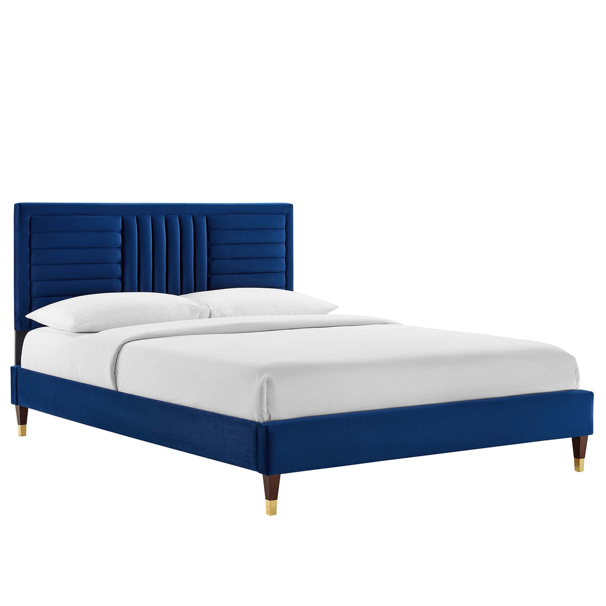 Sofia Channel Tufted Performance Velvet Platform Bed With Wood and Gold Legs