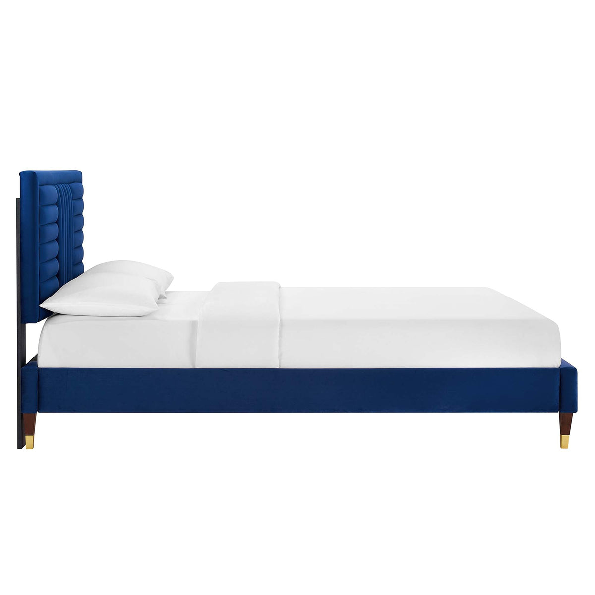 Sofia Channel Tufted Performance Velvet Platform Bed With Wood and Gold Legs