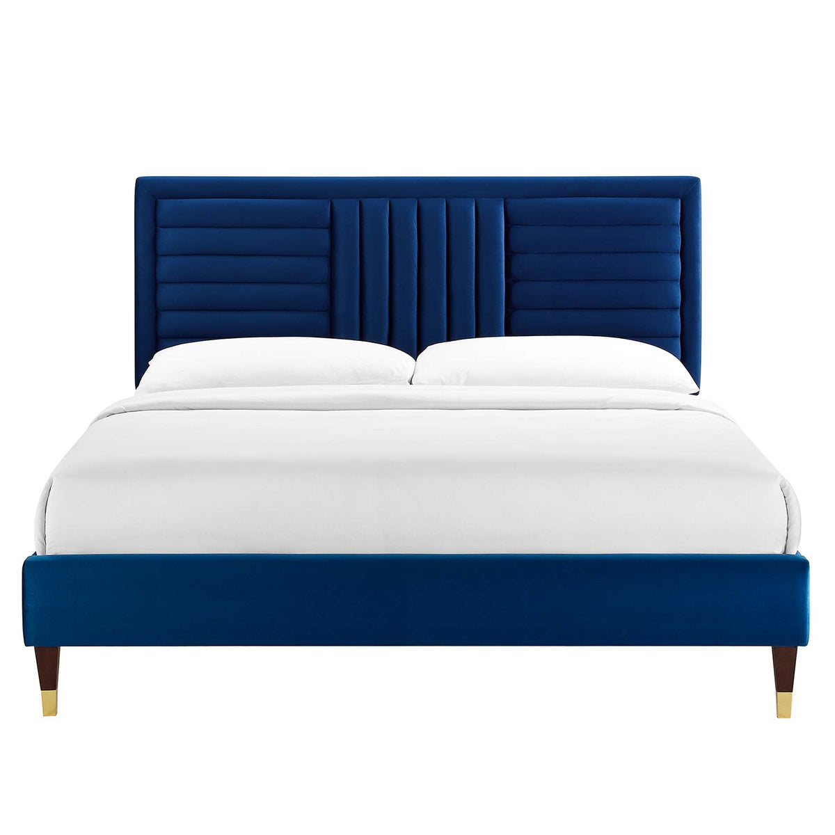Sofia Channel Tufted Performance Velvet Platform Bed With Wood and Gold Legs