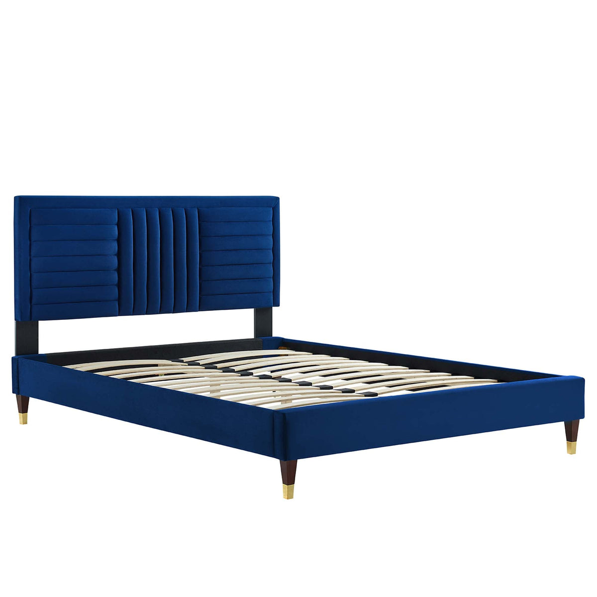 Sofia Channel Tufted Performance Velvet Platform Bed With Wood and Gold Legs