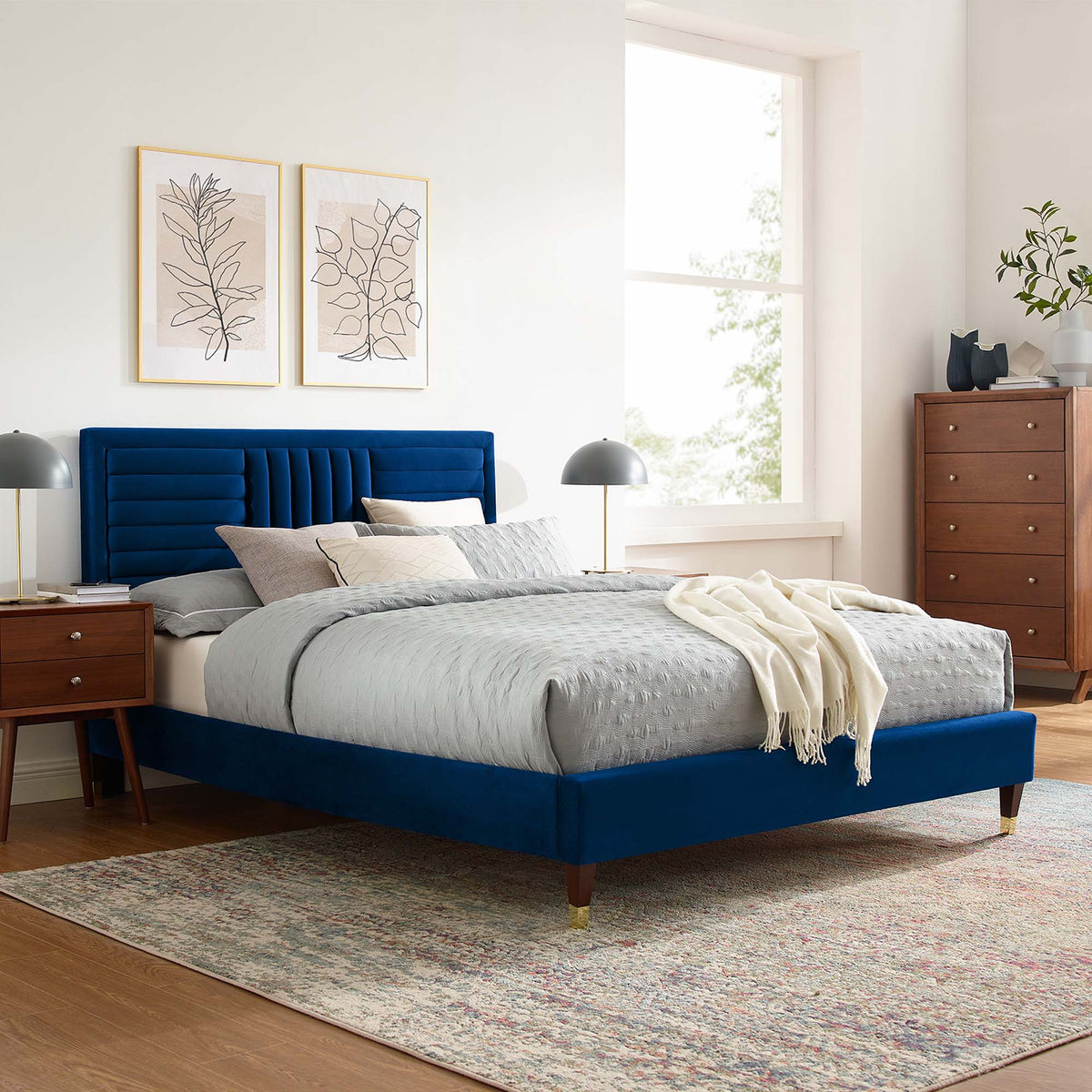 Sofia Channel Tufted Performance Velvet Platform Bed With Wood and Gold Legs