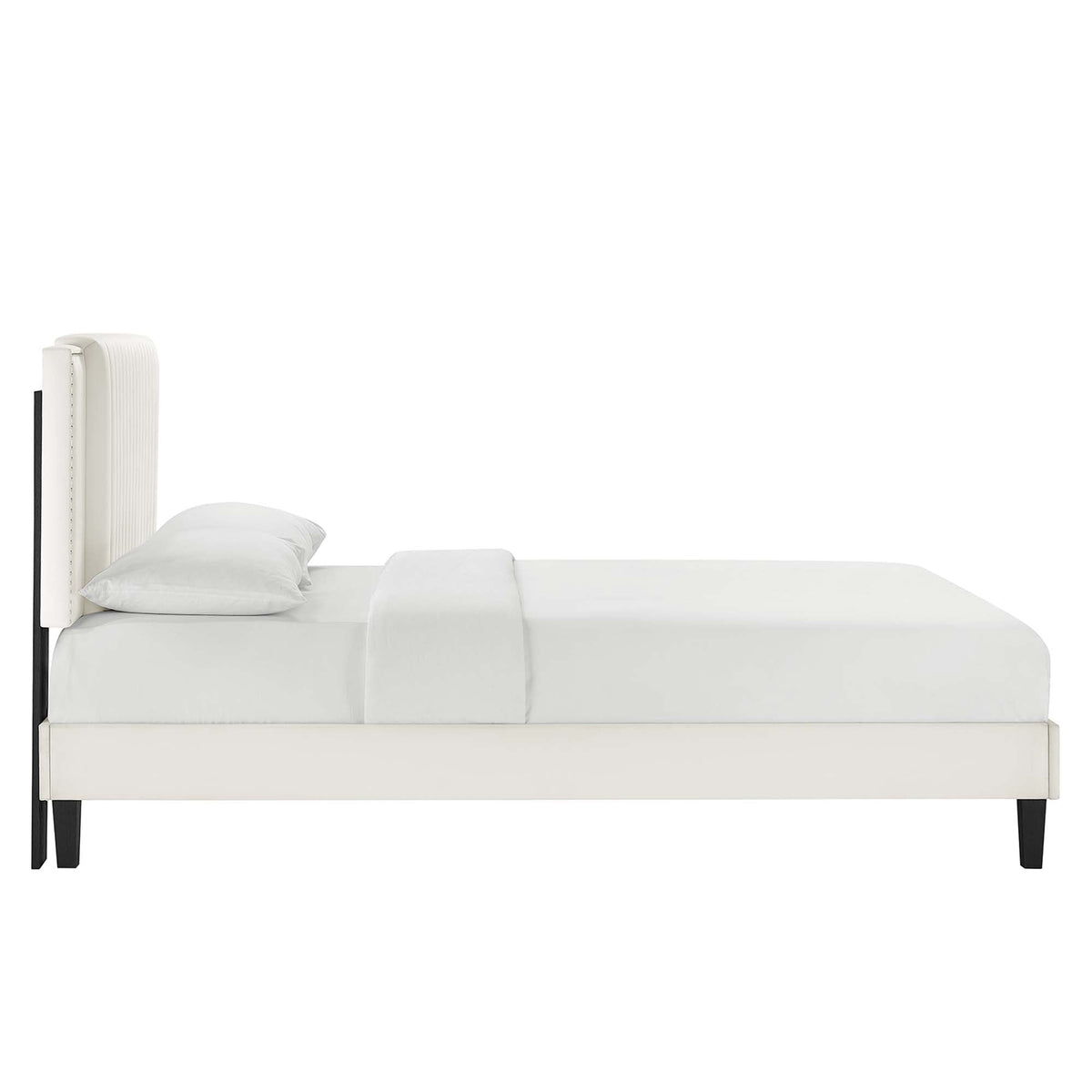 Zahra Channel Tufted Performance Velvet Platform Bed With Black Wood Legs, Full, White - view 2