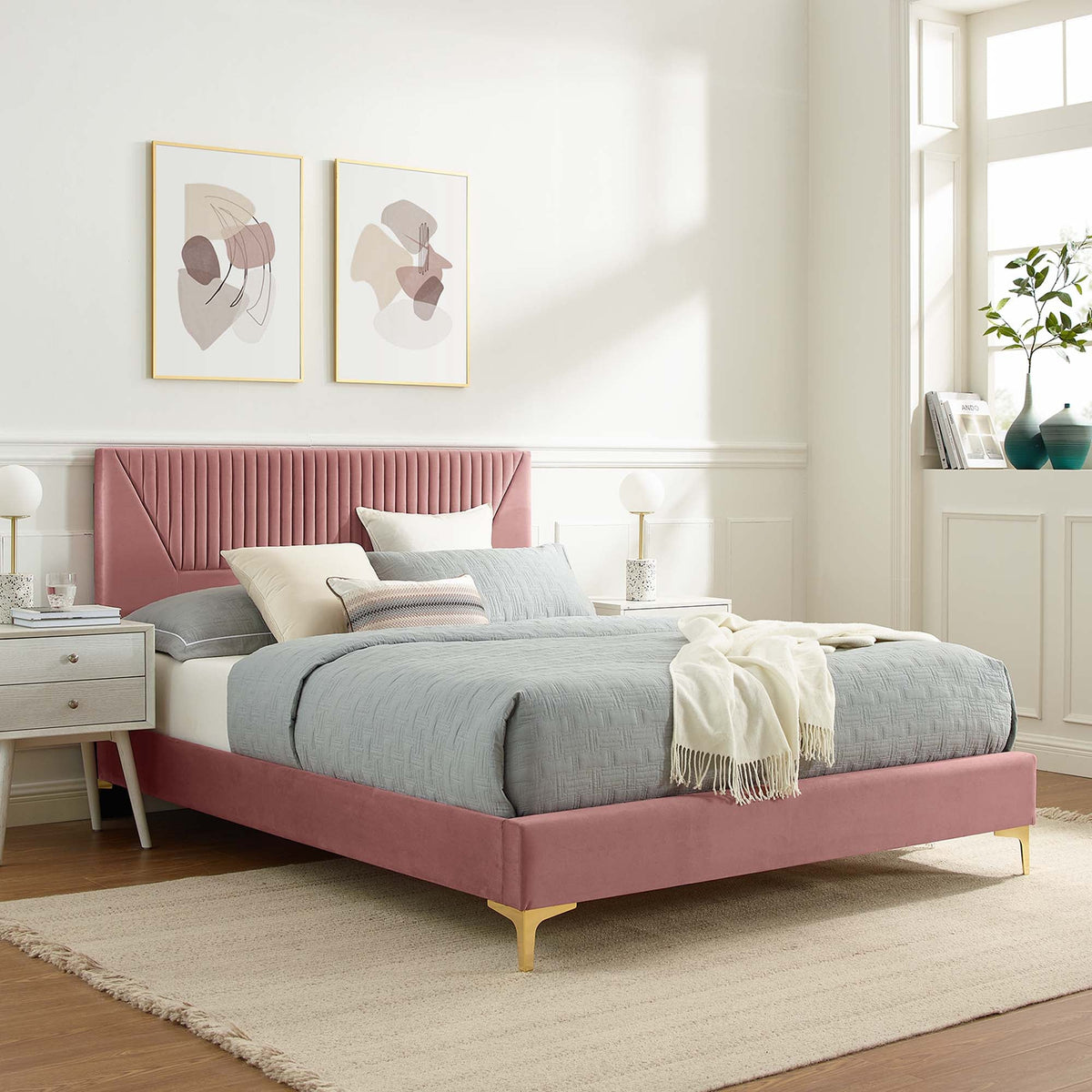 Yasmine Channel Tufted Performance Velvet Platform Bed With Gold Metal Legs - view 23