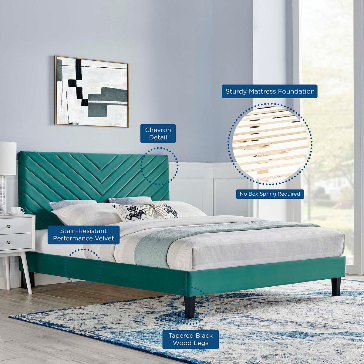 Roxanne Performance Velvet Platform Bed With Black Wood Legs - view 47