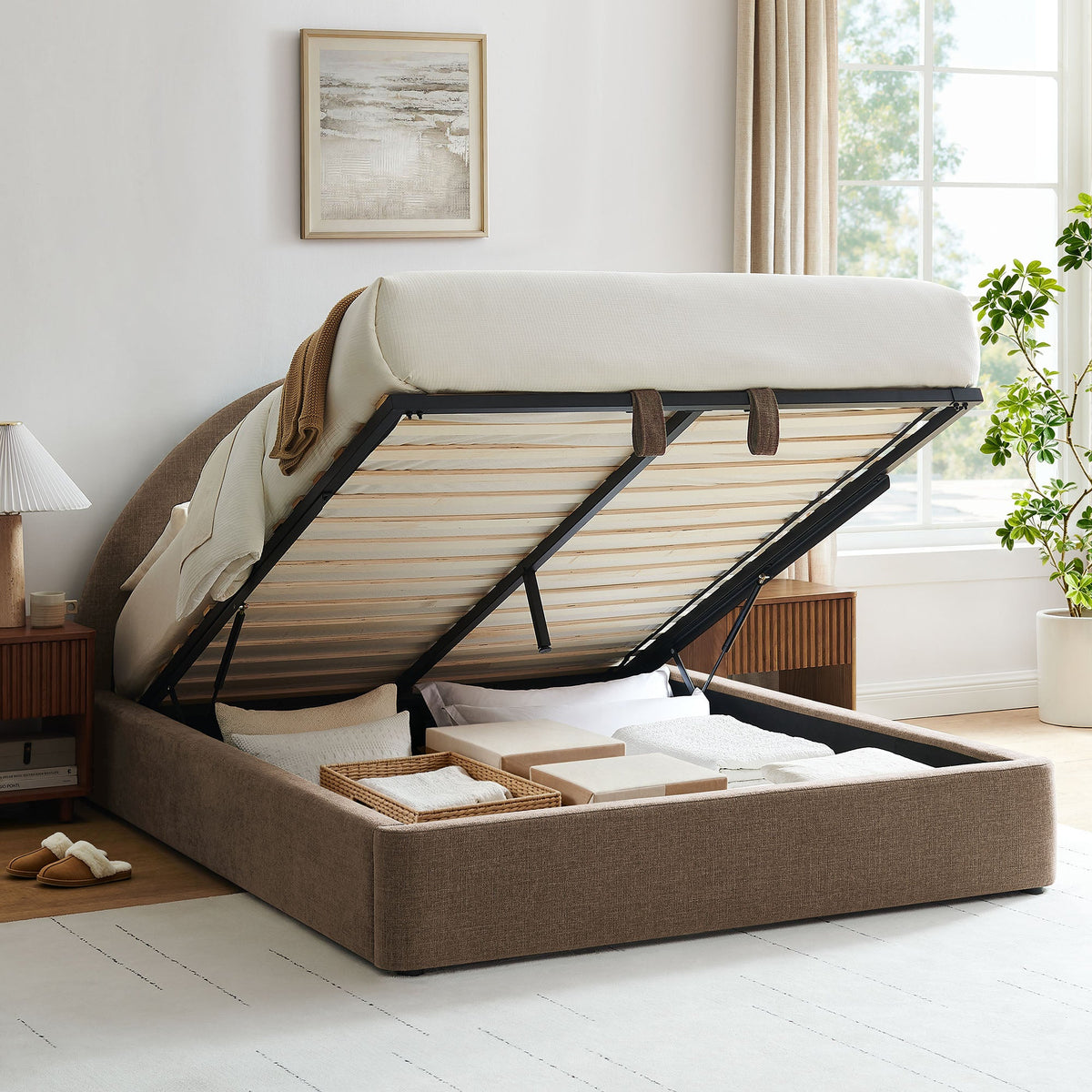 Resort Upholstered Fabric Storage Platform Bed Frame