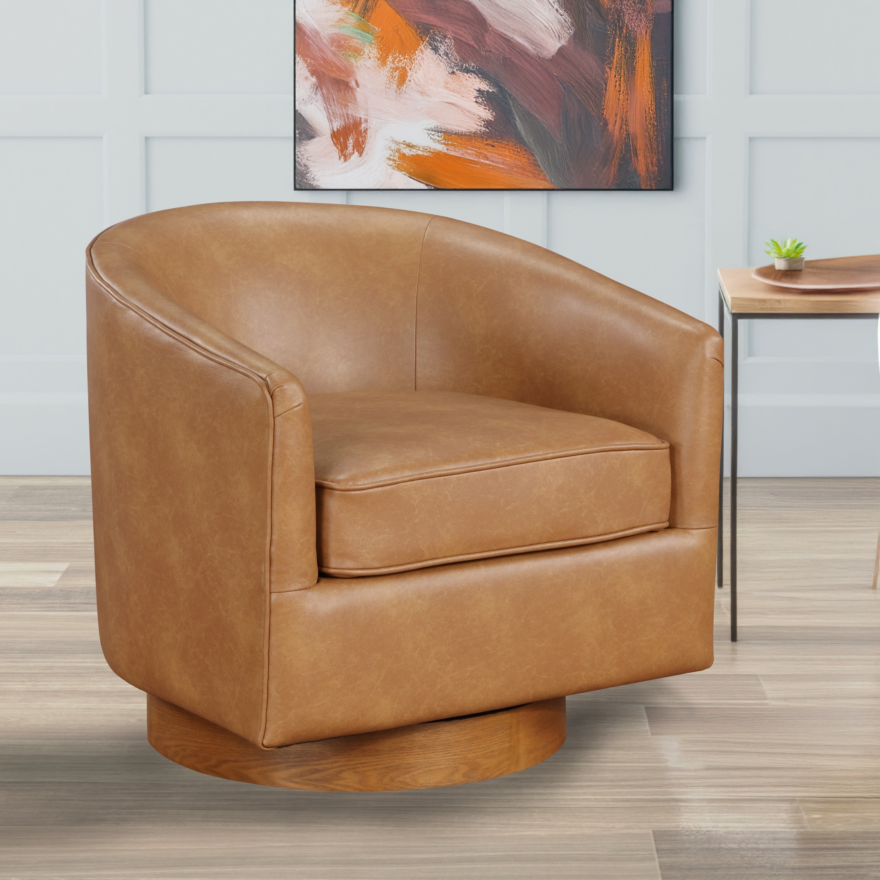Maisy Saddle Brown Vegan Leather Barrel Swivel Chair