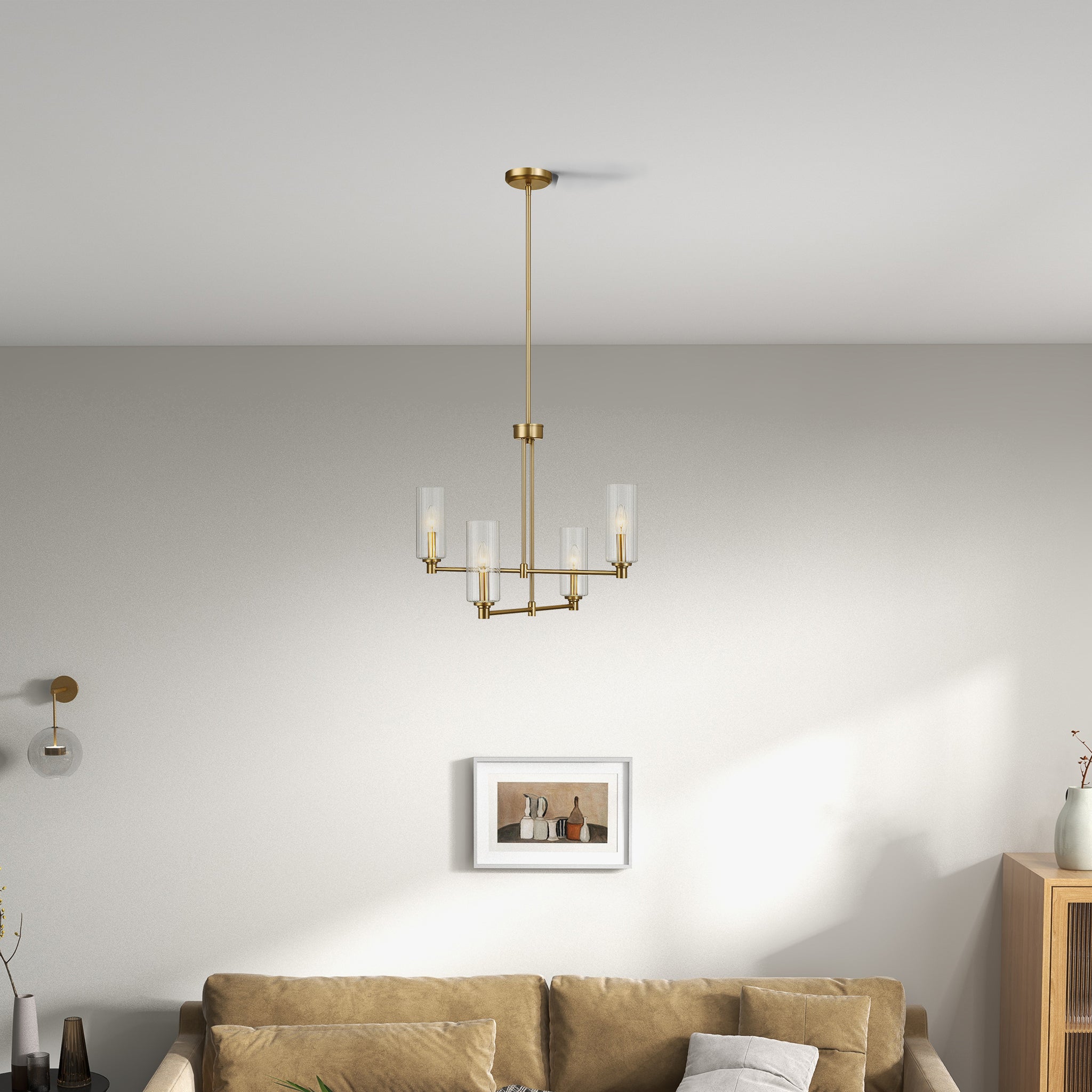Mia Four Lights Chandelier With Clear Ribbed Glass -Satin Brass