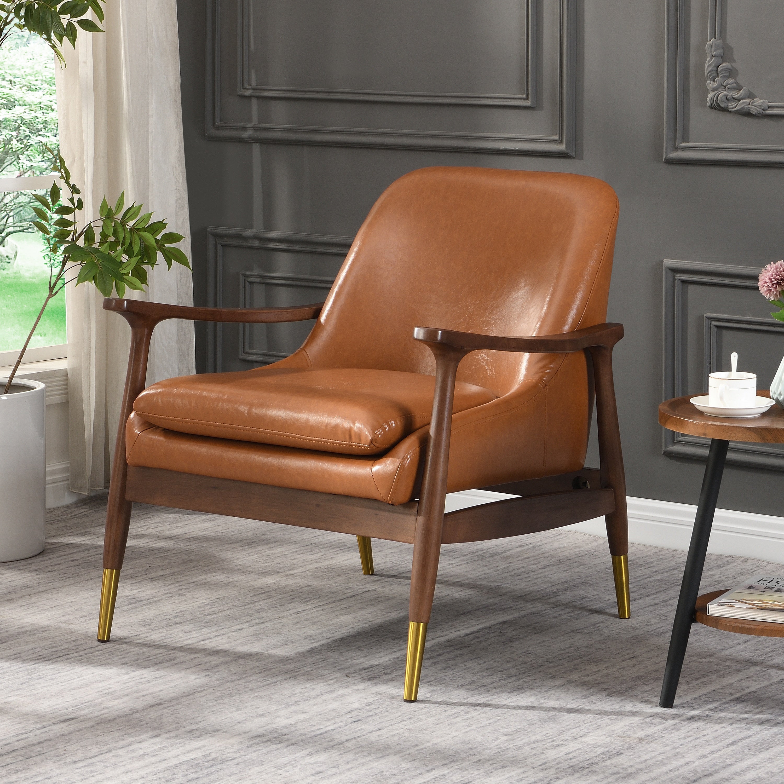 Hafi Mid-Century Faux Leather Accent Chair