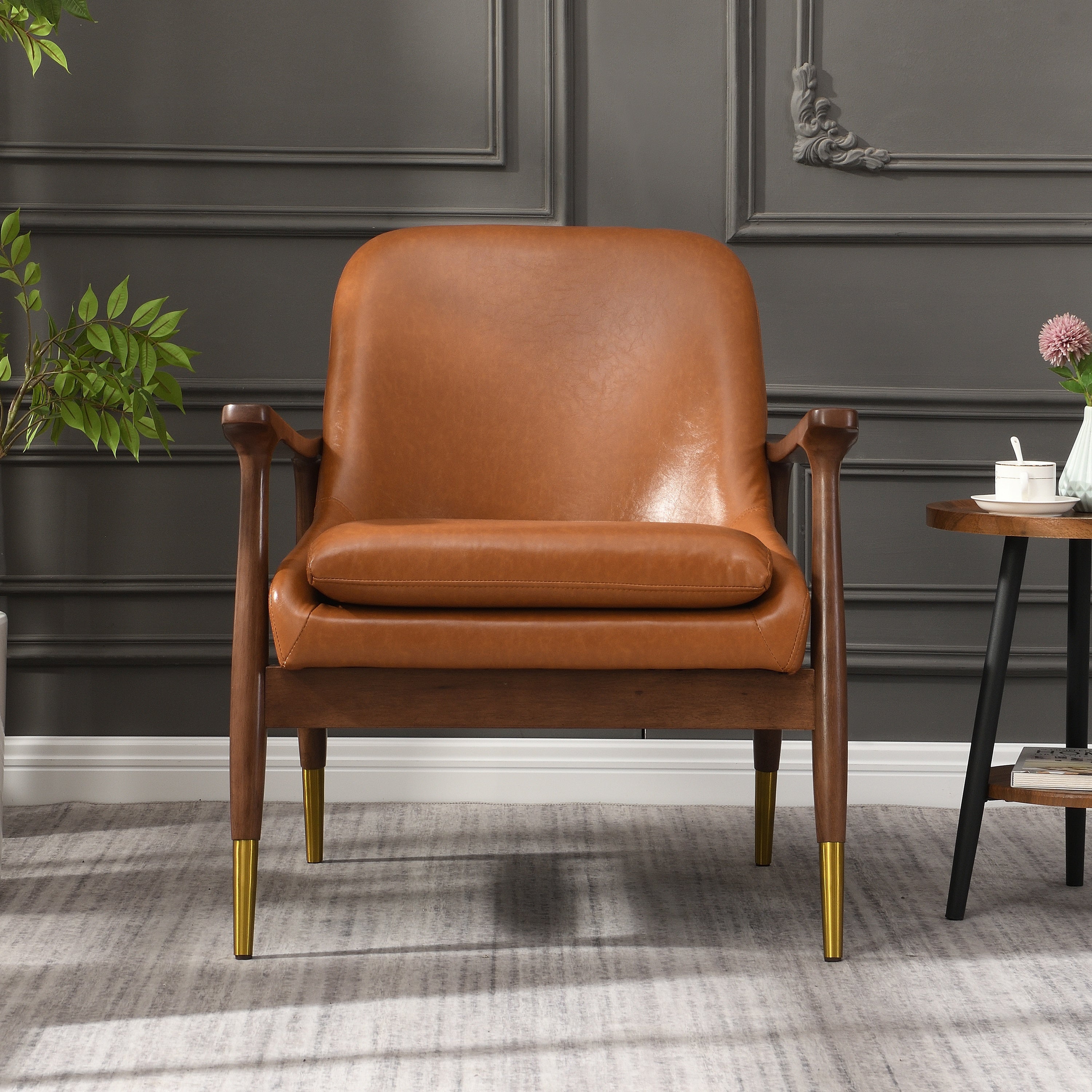 Hafi Mid-Century Faux Leather Accent Chair