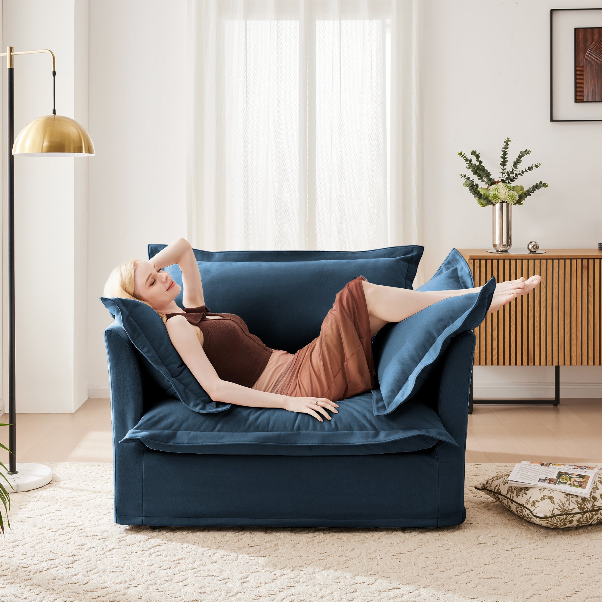 Ticova Slip-covered Blue Chenille Armchair