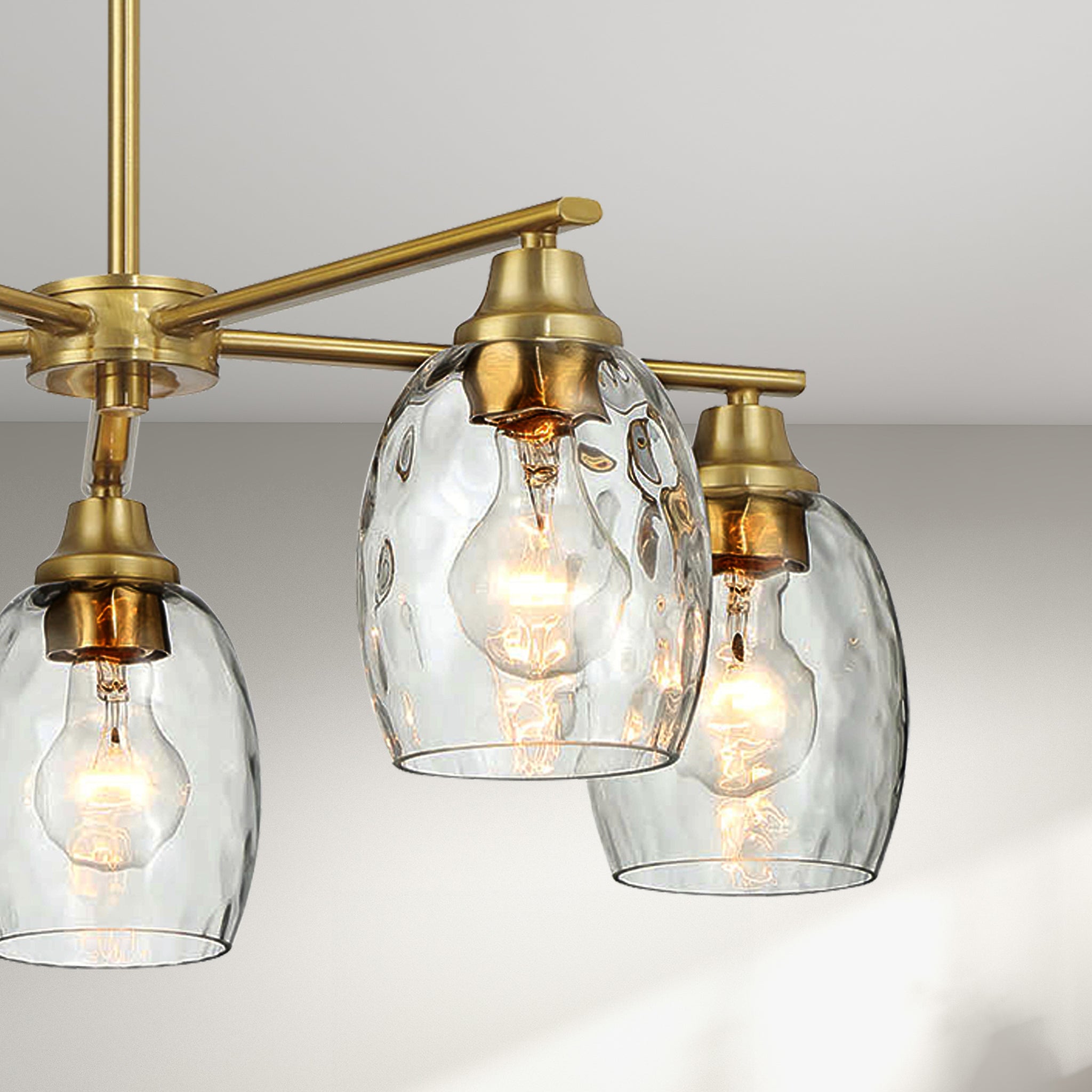 Mystique Five Lights Linear Arms with Golden Brass Finish Chain Chandelier 24"W × 8.5"H with Clear Water Glass