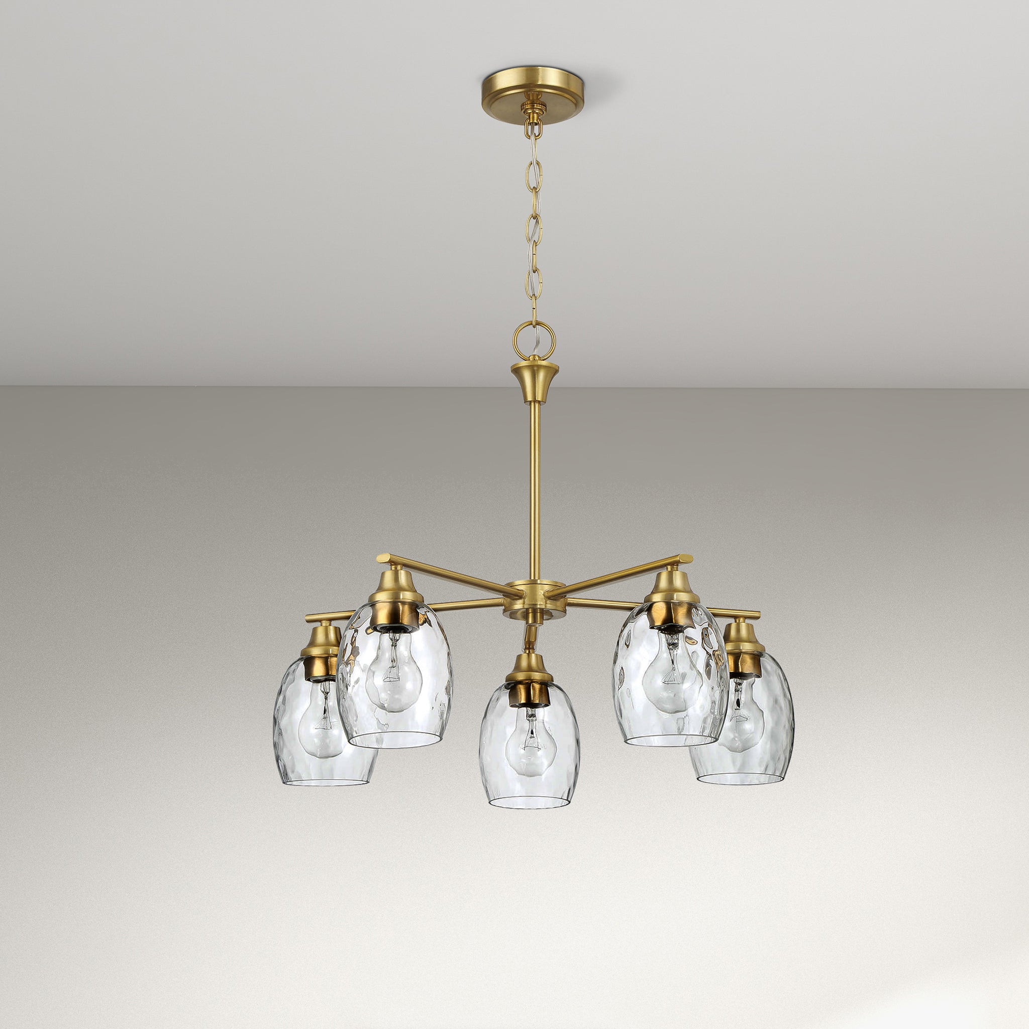 Mystique Five Lights Linear Arms with Golden Brass Finish Chain Chandelier 24"W × 8.5"H with Clear Water Glass