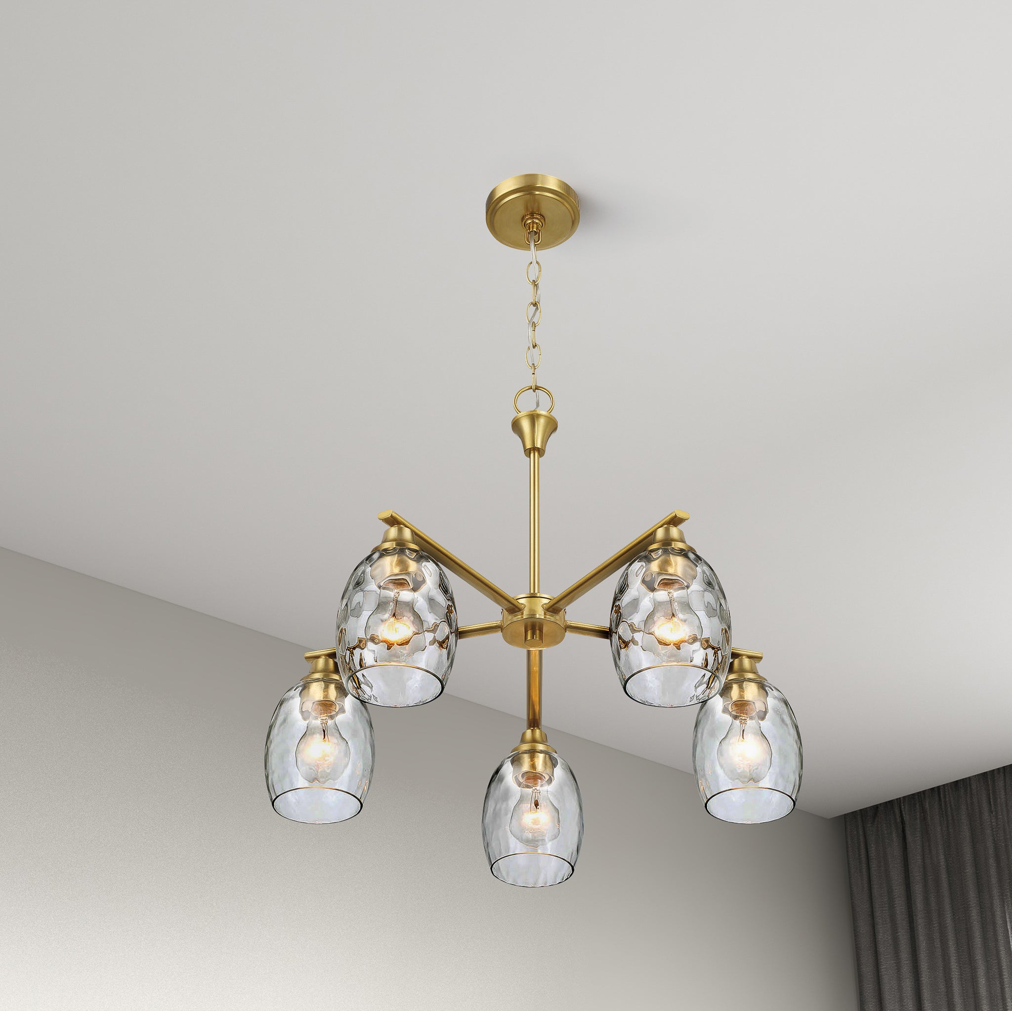 Mystique Five Lights Linear Arms with Golden Brass Finish Chain Chandelier 24"W × 8.5"H with Clear Water Glass