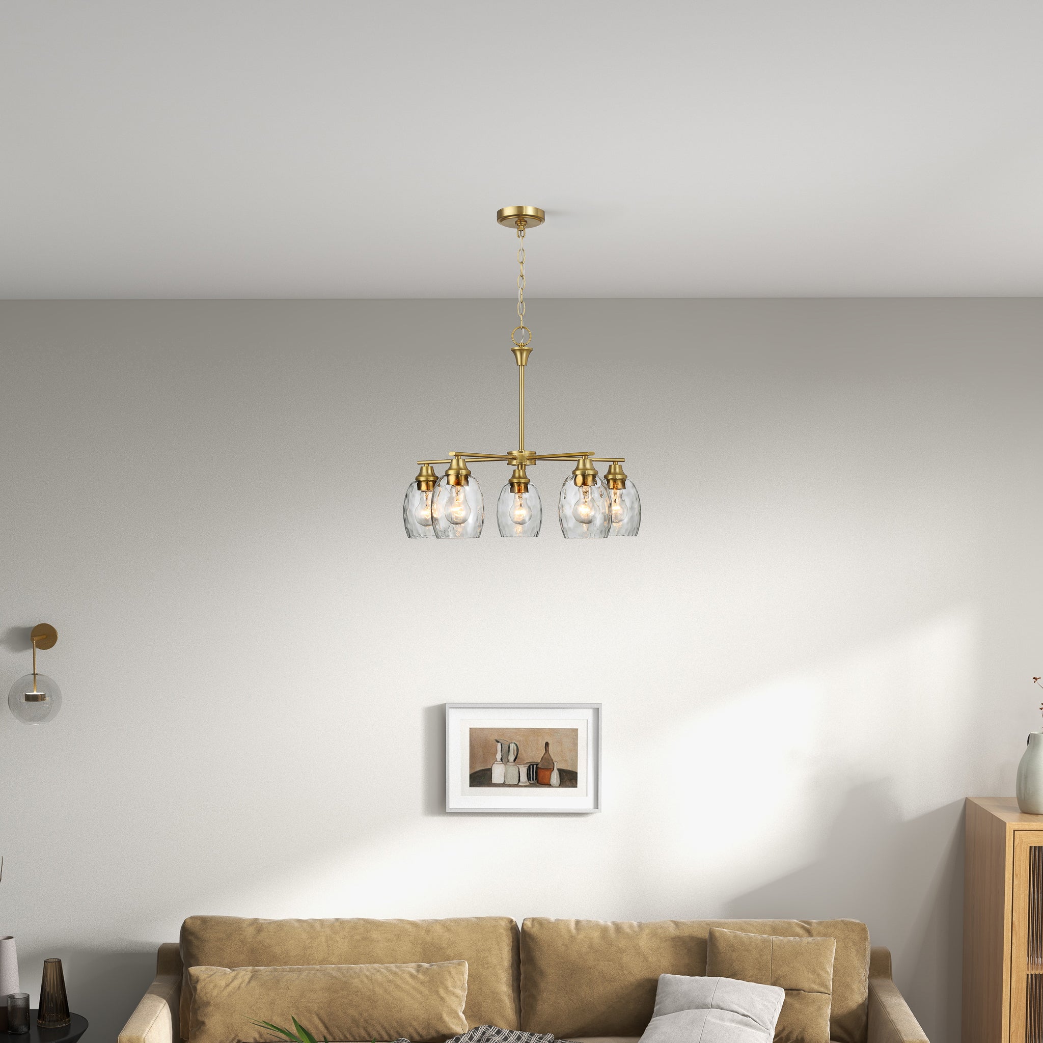 Mystique Five Lights Linear Arms with Golden Brass Finish Chain Chandelier 24"W × 8.5"H with Clear Water Glass