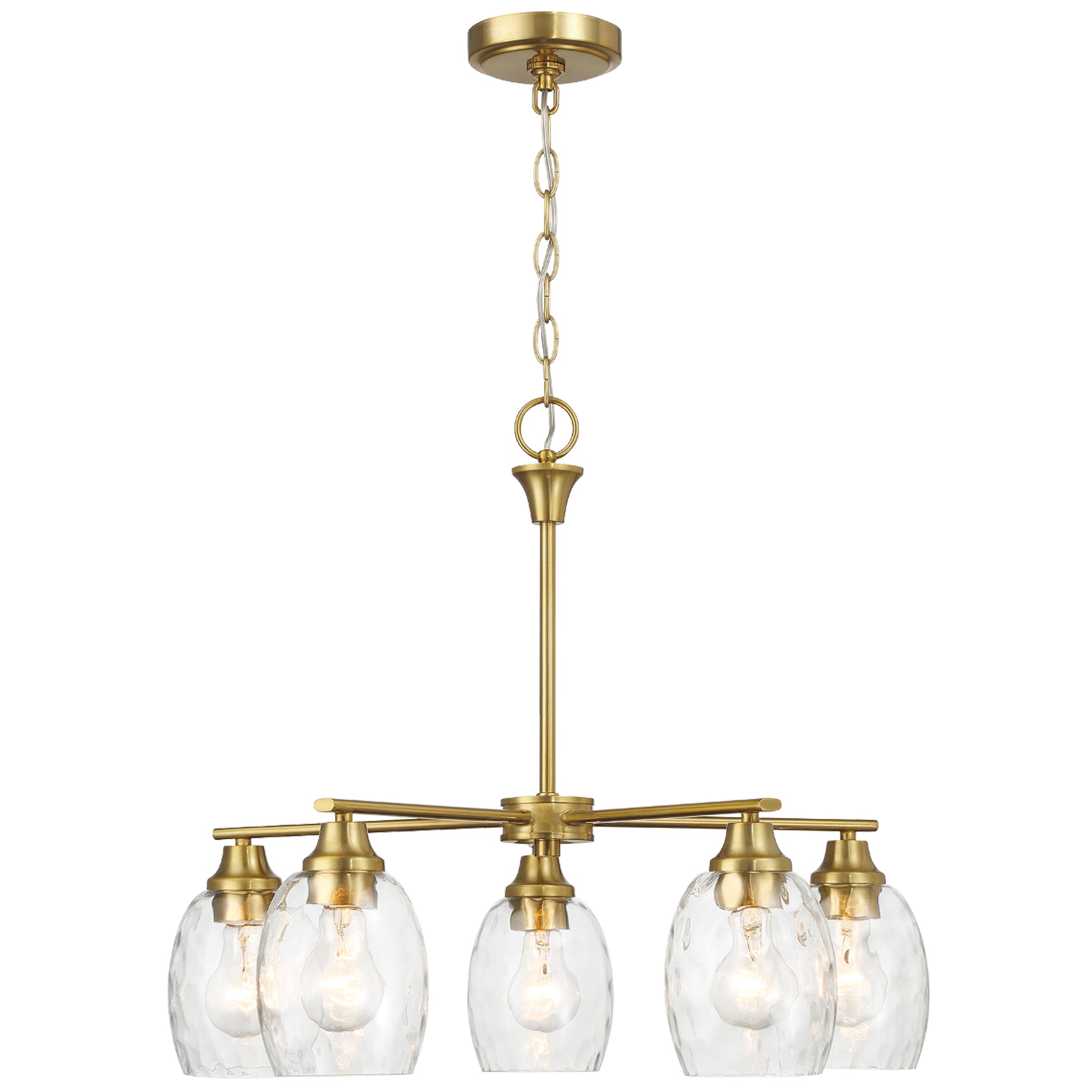 Mystique Five Lights Linear Arms with Golden Brass Finish Chain Chandelier 24"W × 8.5"H with Clear Water Glass