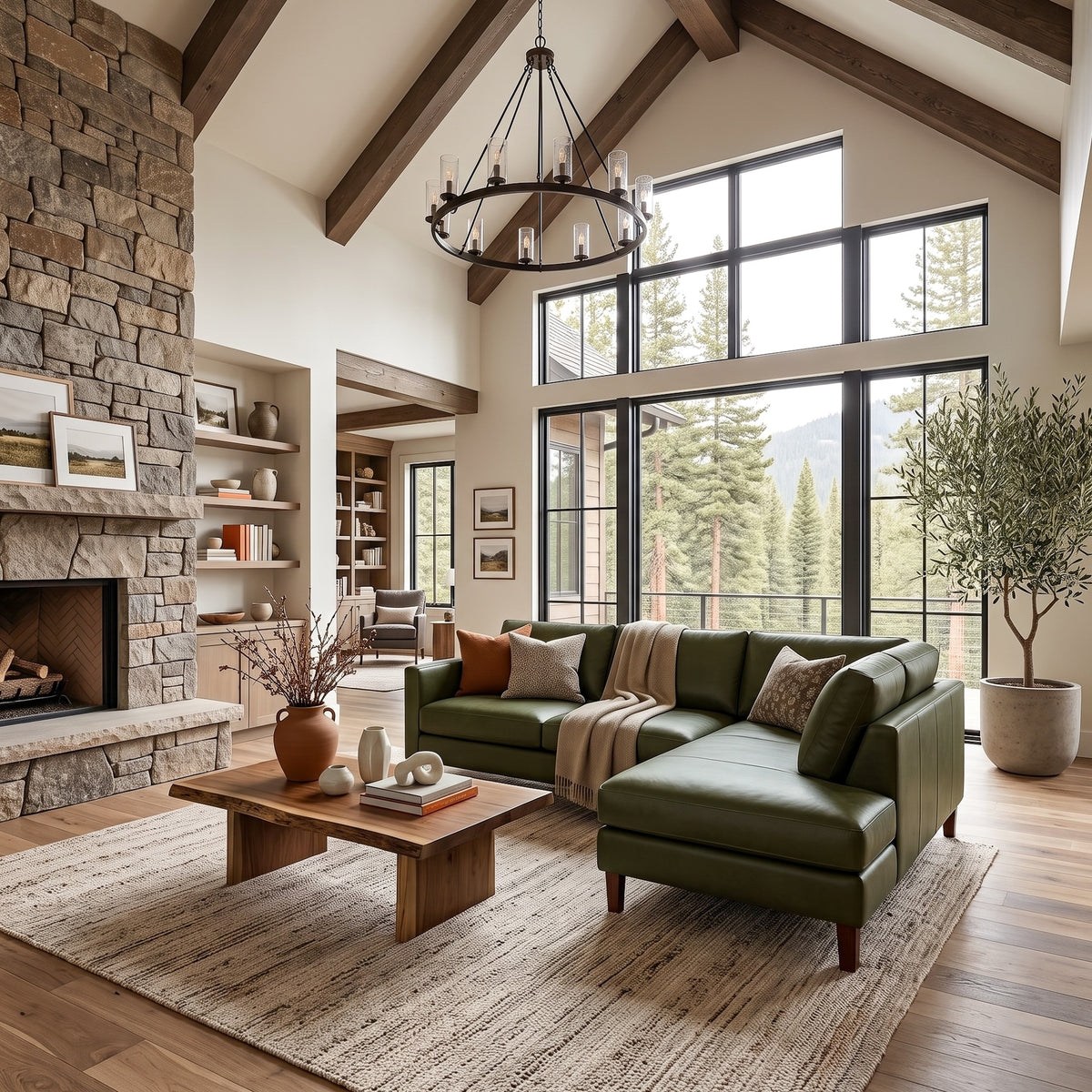 Alabama Green Leather Sectional Sofa