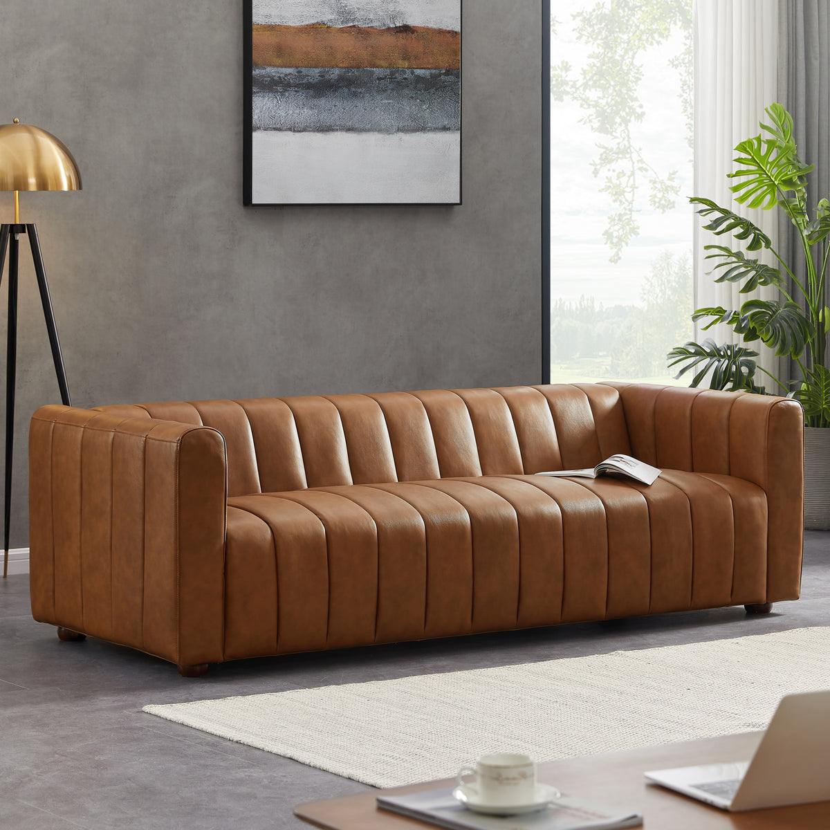 Celeste Mid-Century Modern Cognac Top-Grain Leather Sofa | New York Modern Furniture