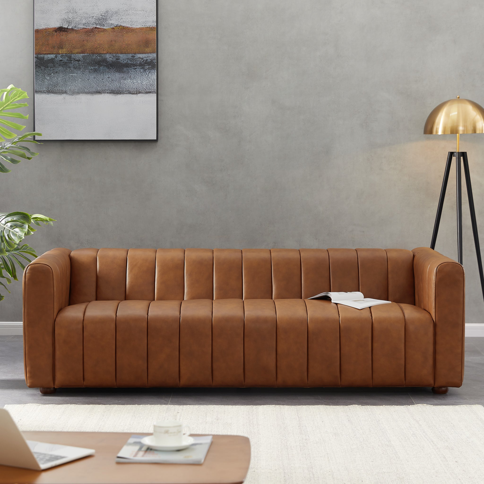 Celeste Mid-Century Modern Cognac Top-Grain Leather Sofa | New York Modern Furniture