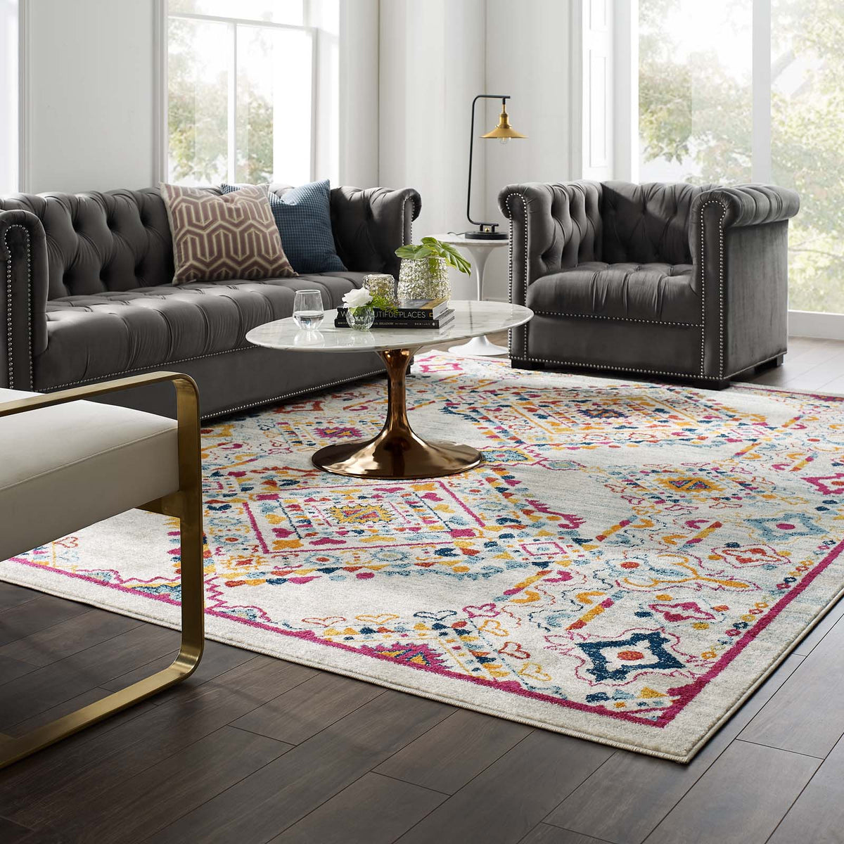 Entourage Khalida Distressed Floral Lattice Area Rug, 8x10, Ivory Blue Orange Yellow Red - view 7