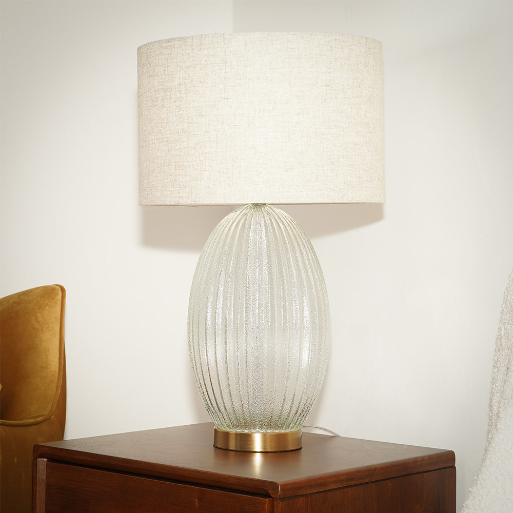 Rama Ribbed Glass Lamp Base Clear Table Lamp Large Linen Shade