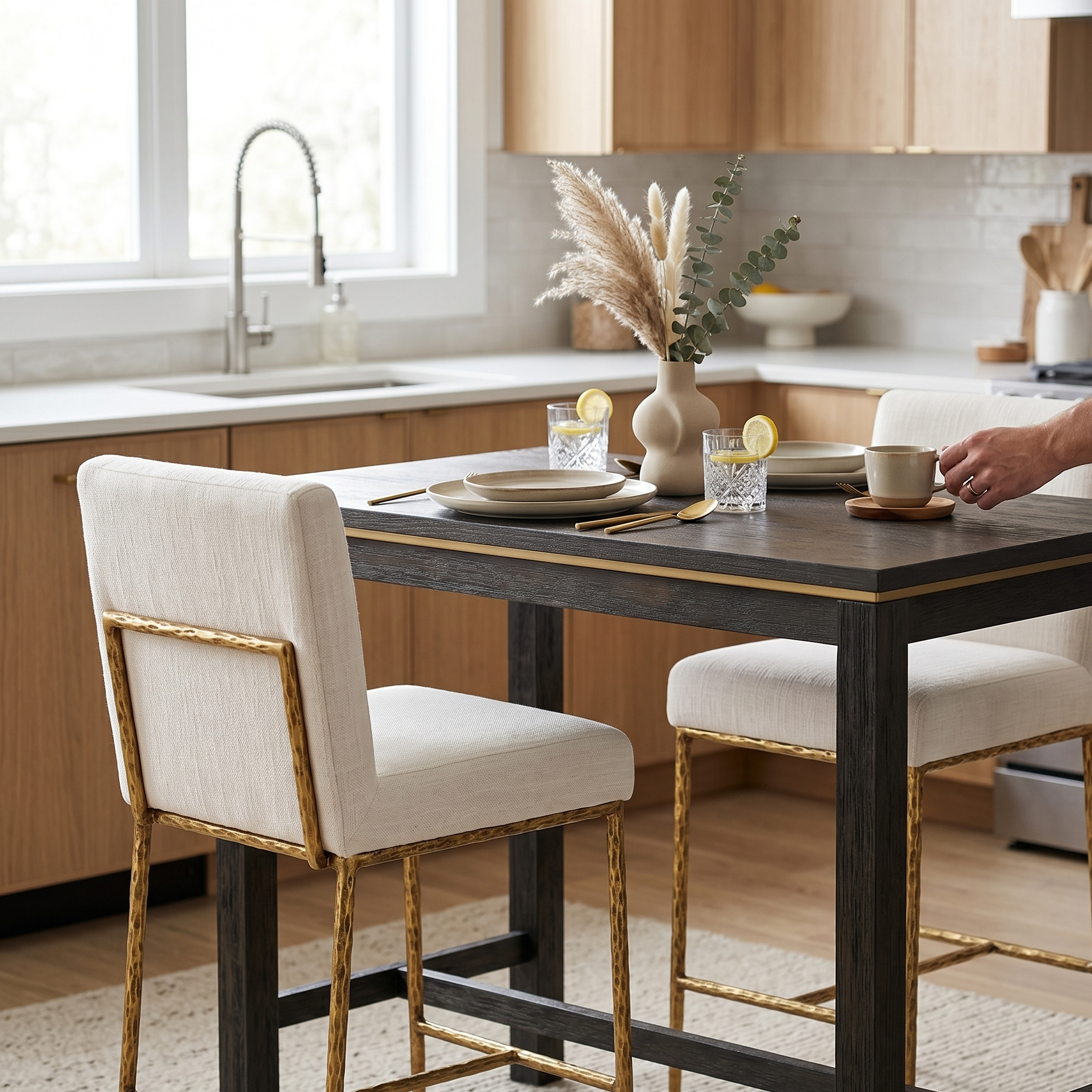 Rilva Contemporary White and Matte Gold Counter Height Stool with Linen White Fabric