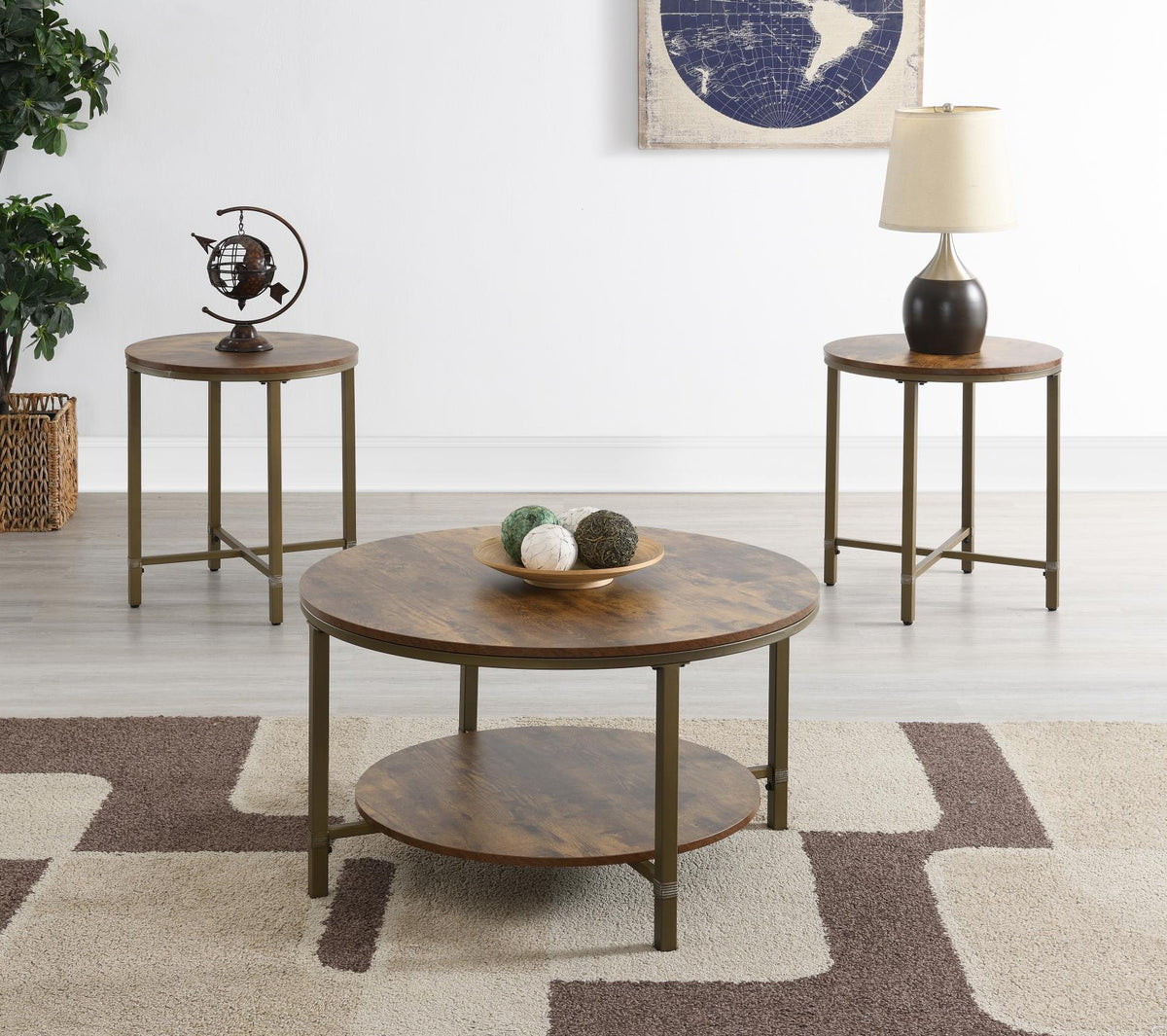 Round Coffee Table & 2 End Tables