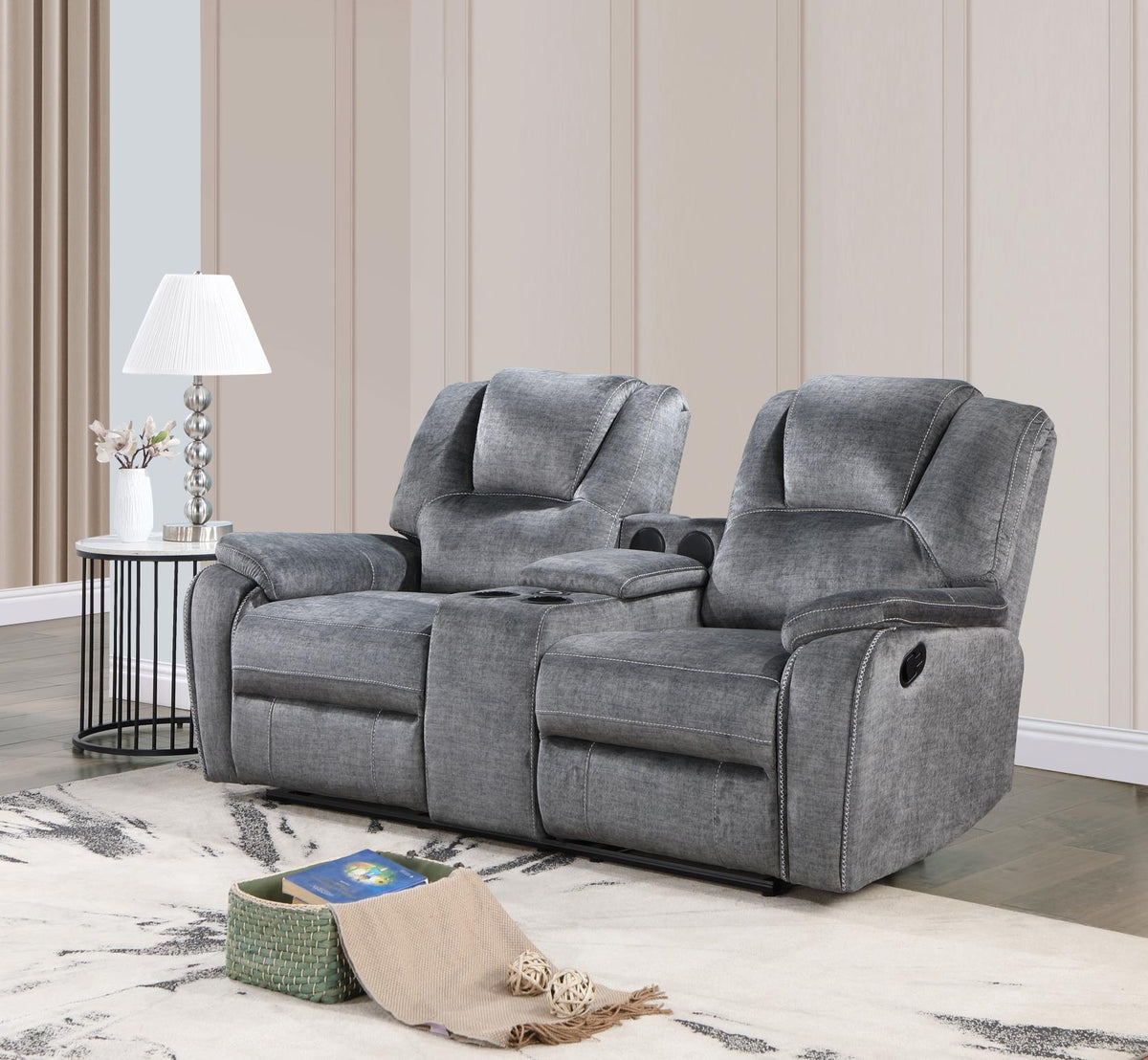 Gray Motion Sofa & Loveseat with Bluetooth Console