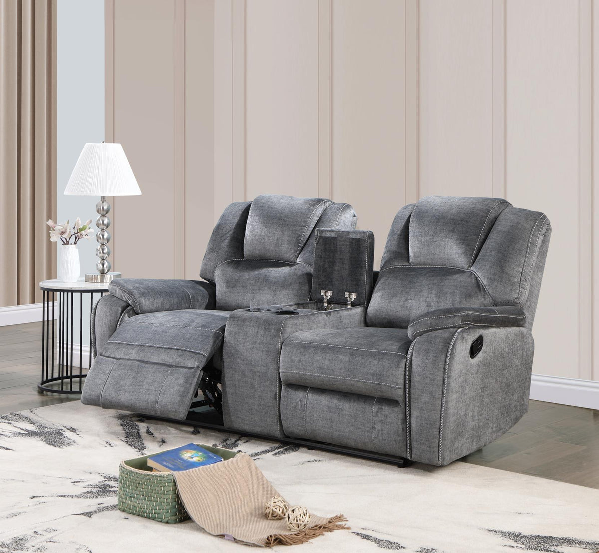 Gray Motion Sofa & Loveseat with Bluetooth Console