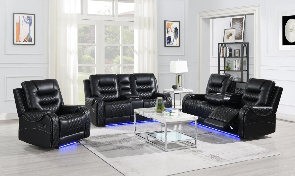 Black Motion Sofa Collection with Drop-Down Table