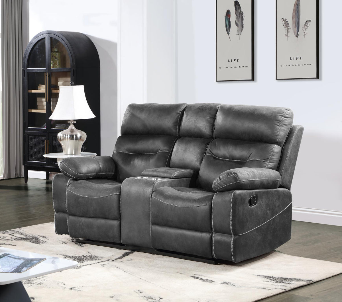 Gray Motion Sofa with Drop-Down Table