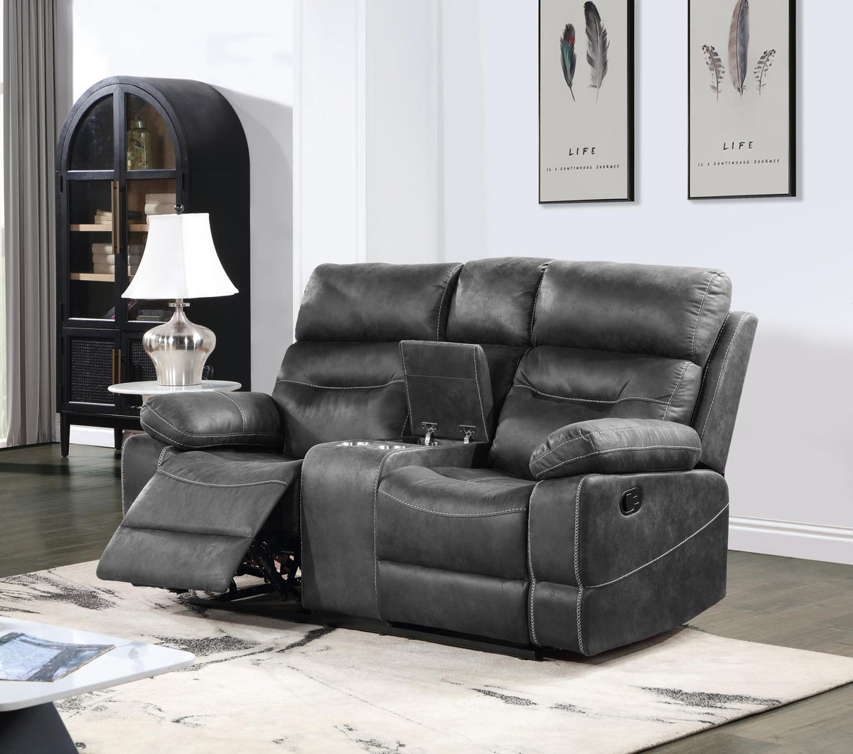 Gray Motion Sofa with Drop-Down Table