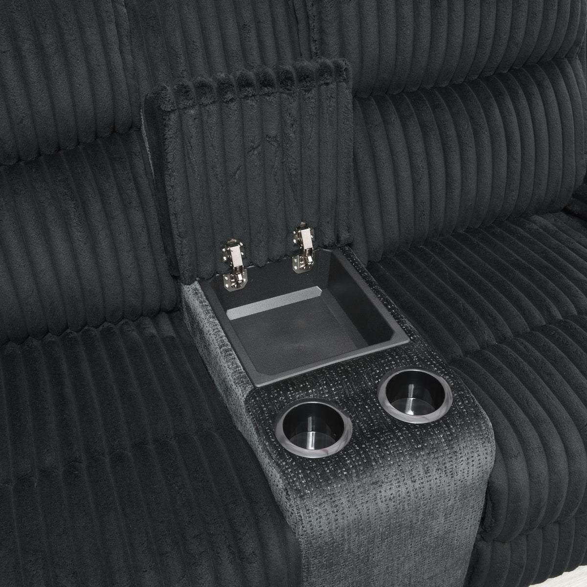 Black Corduroy Motion Sofa with Drop-Down Table