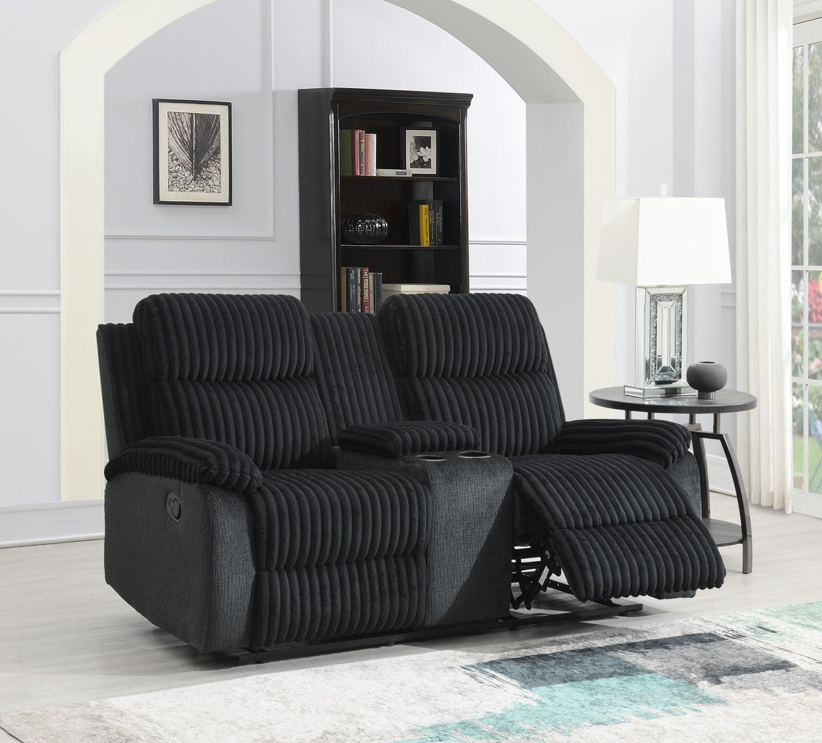Black Corduroy Motion Sofa with Drop-Down Table