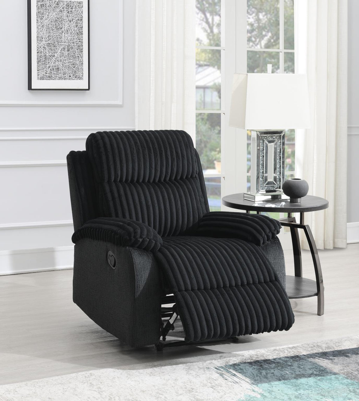Black Corduroy Motion Sofa with Drop-Down Table