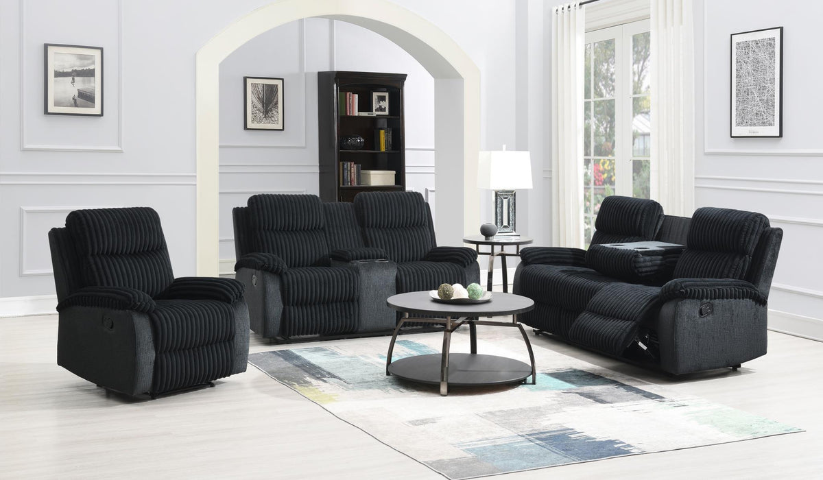 Black Corduroy Motion Sofa with Drop-Down Table