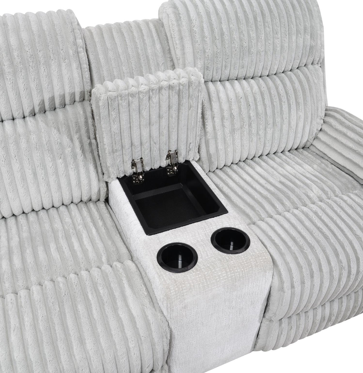 Gray Corduroy Motion Sofa with Drop-Down Table