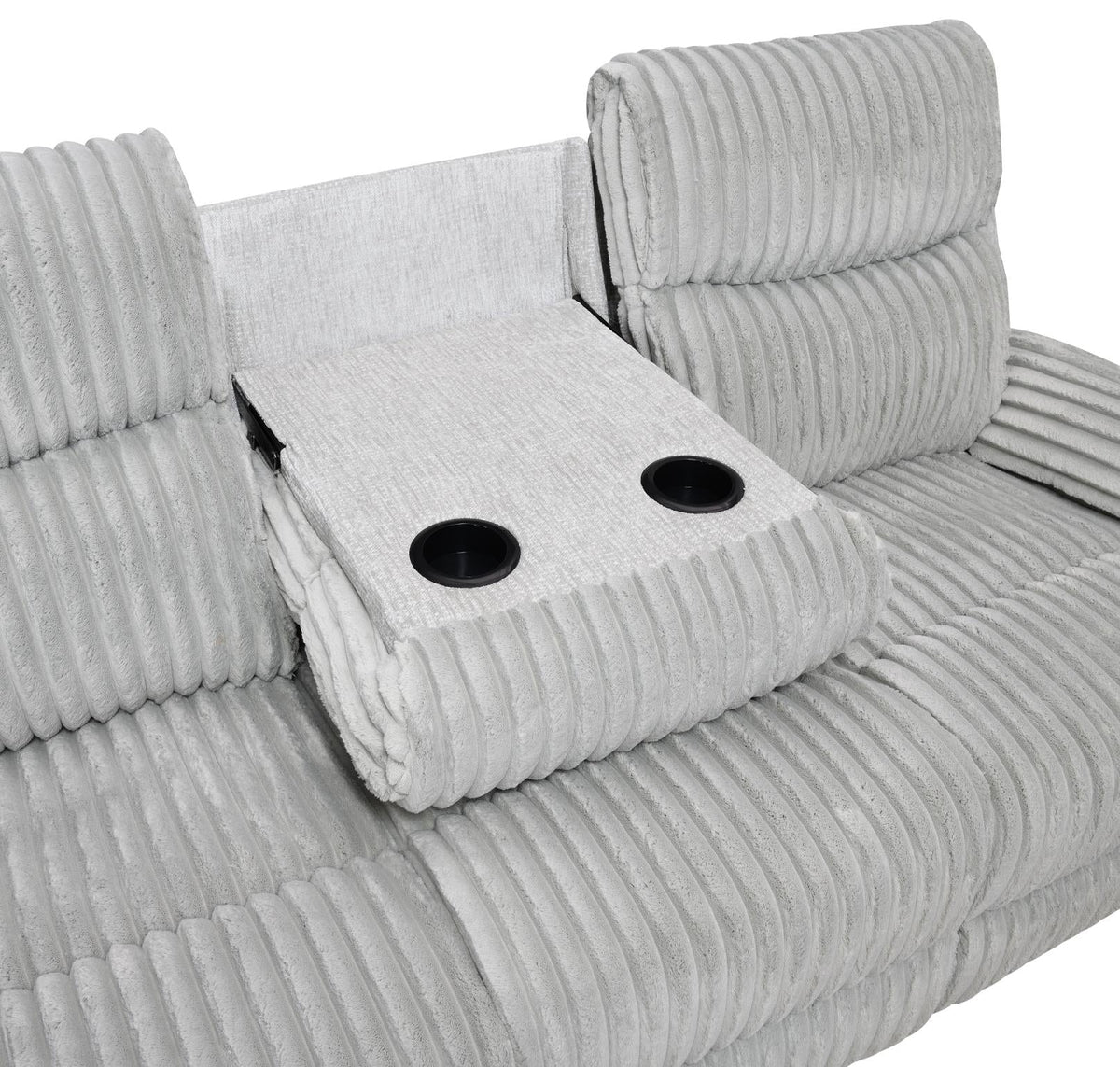 Gray Corduroy Motion Sofa with Drop-Down Table