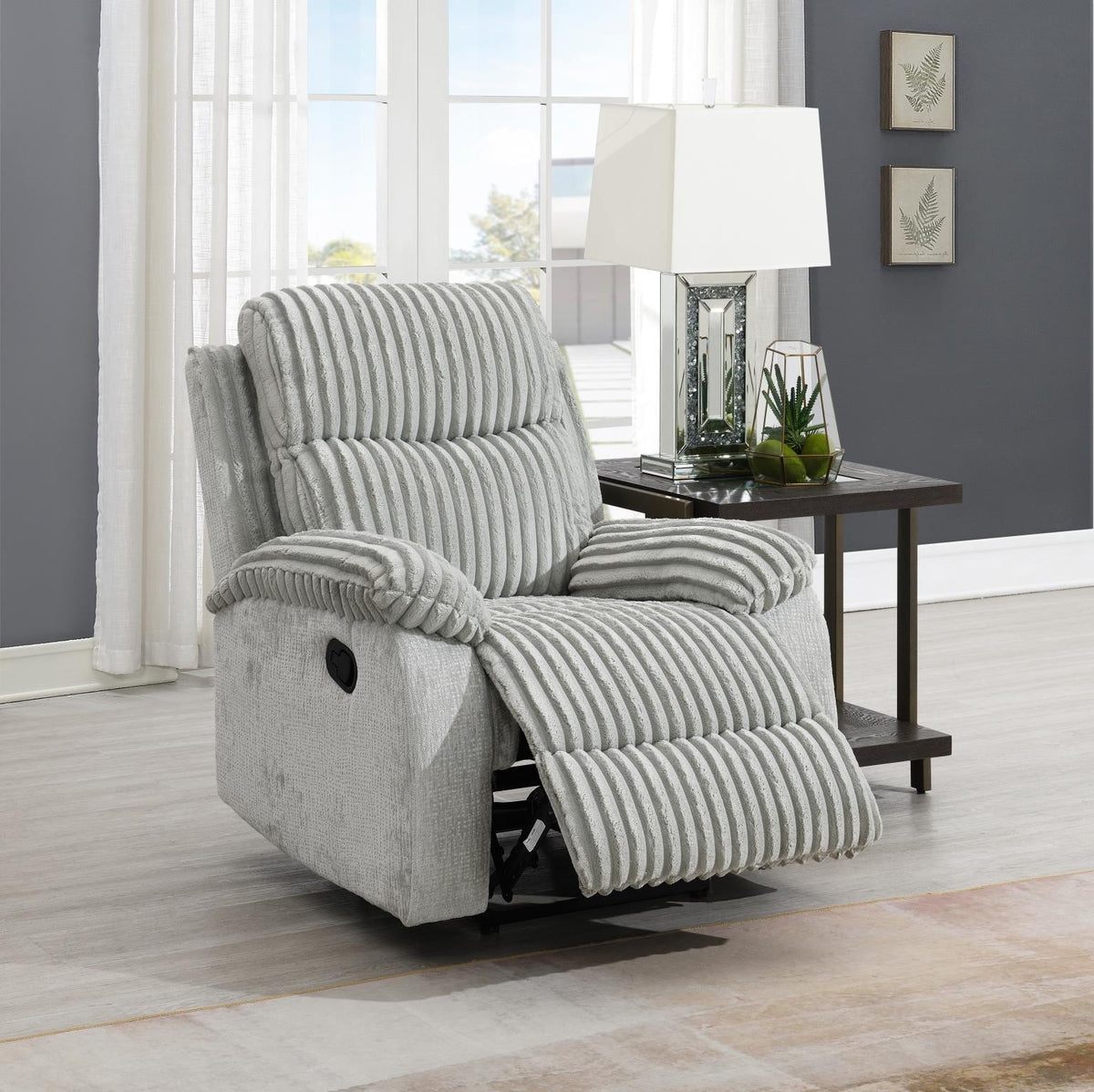 Gray Corduroy Motion Sofa with Drop-Down Table