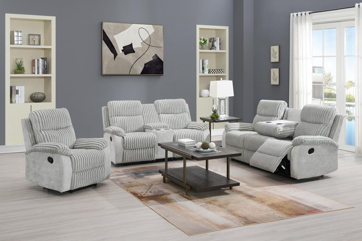 Gray Corduroy Motion Sofa with Drop-Down Table