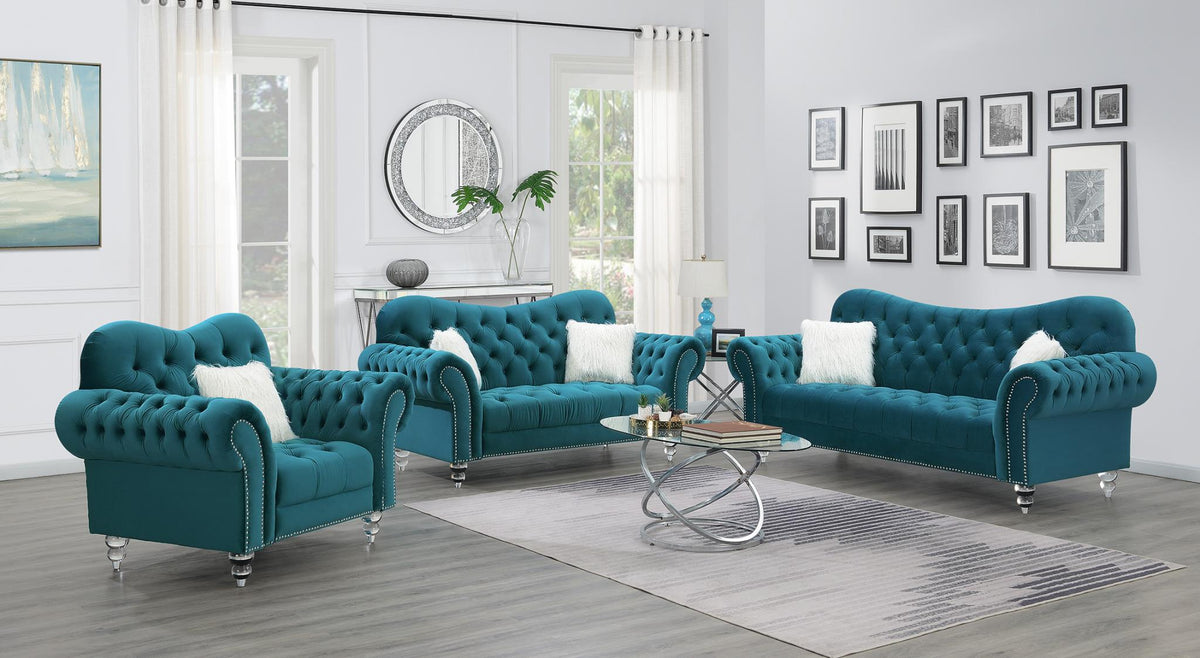 Turquoise Loveseat & Chair with Acrylic Legs