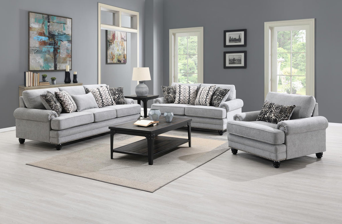 Gray Upholstered Sofa, Loveseat & Chair