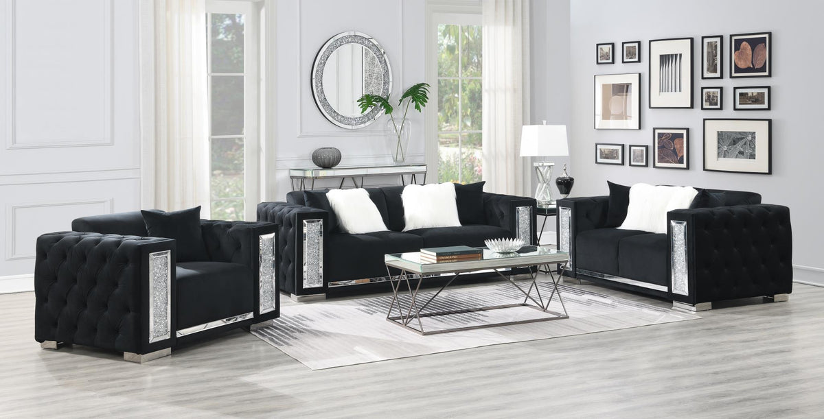 Black Velvet Sofa, Loveseat & Chair