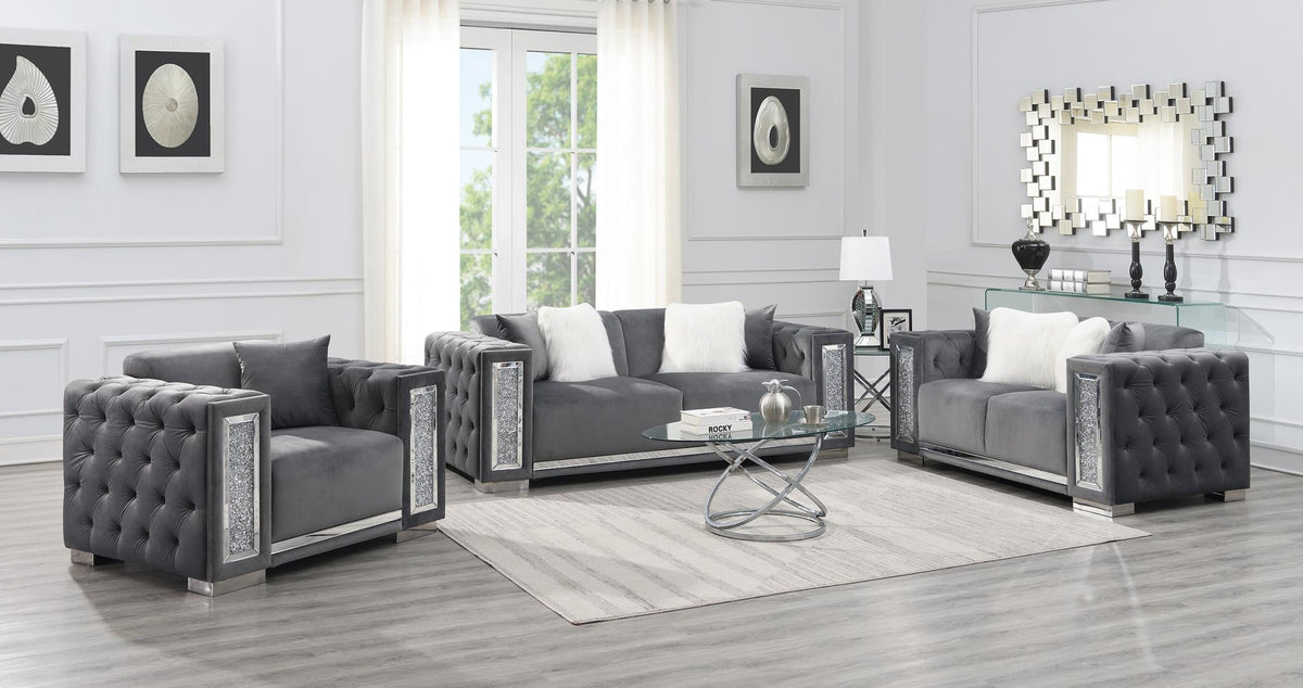 Gray Velvet Sofa, Loveseat & Chair