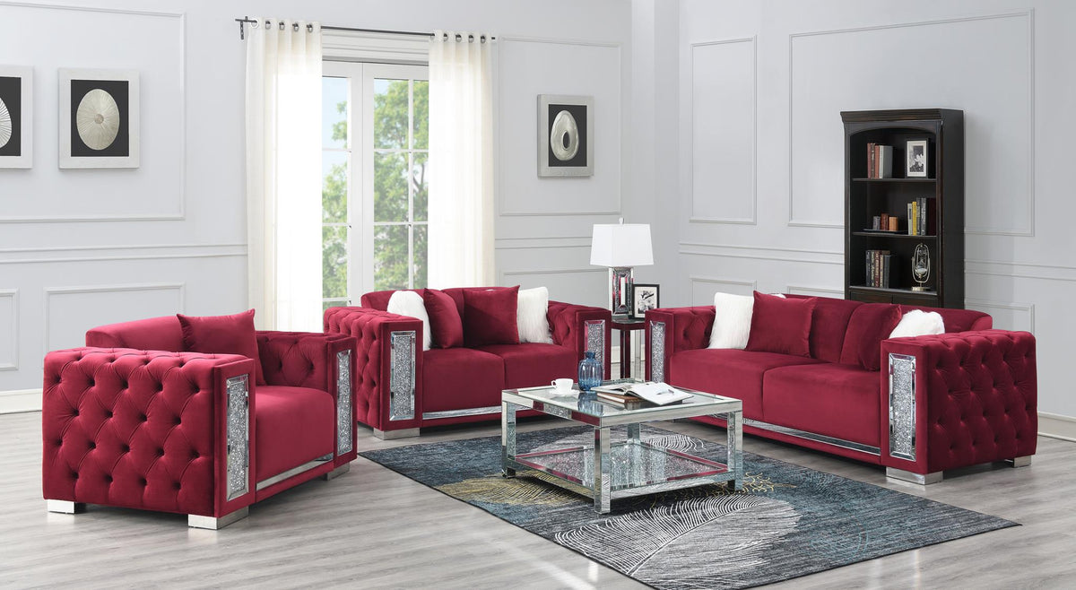 Burgundy Velvet Sofa, Loveseat & Chair